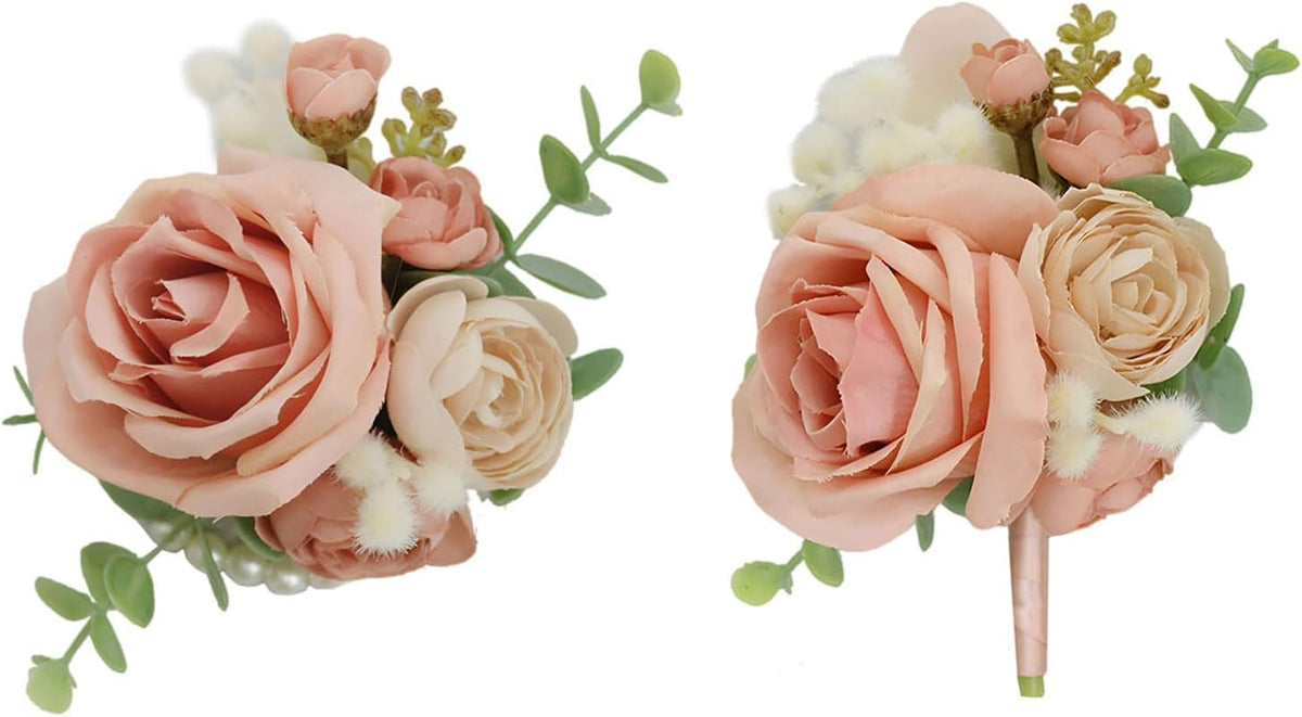 Wedding Bride Wrist Corsage Groom Boutonniere Peach Pink Rose Blossom Floral Set Bestman Groomsmen Bridesmaid Bridal Hand Flower Parent Corsage for Indoor Outdoor Wedding Prom Quinceanera