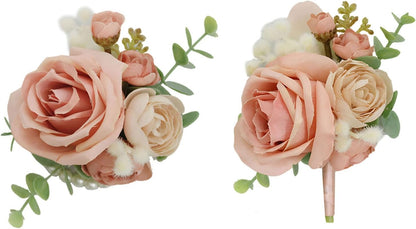 Wedding Bride Wrist Corsage Groom Boutonniere Peach Pink Rose Blossom Floral Set Bestman Groomsmen Bridesmaid Bridal Hand Flower Parent Corsage for Indoor Outdoor Wedding Prom Quinceanera
