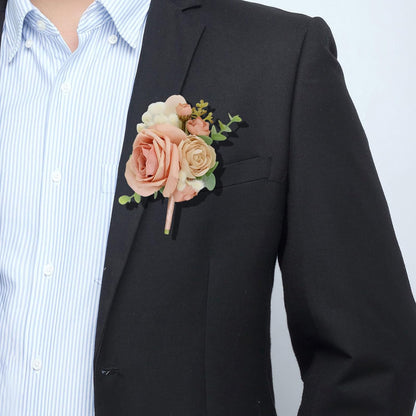Wedding Bride Wrist Corsage Groom Boutonniere Peach Pink Rose Blossom Floral Set Bestman Groomsmen Bridesmaid Bridal Hand Flower Parent Corsage for Indoor Outdoor Wedding Prom Quinceanera