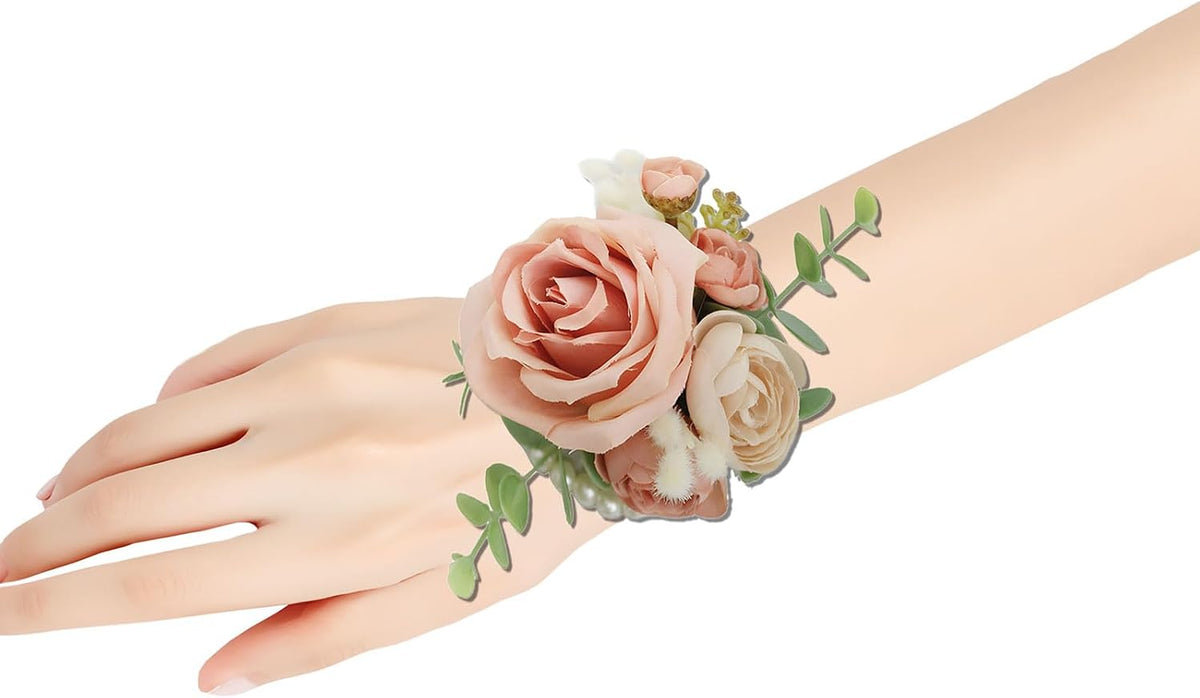 Wedding Bride Wrist Corsage Groom Boutonniere Peach Pink Rose Blossom Floral Set Bestman Groomsmen Bridesmaid Bridal Hand Flower Parent Corsage for Indoor Outdoor Wedding Prom Quinceanera
