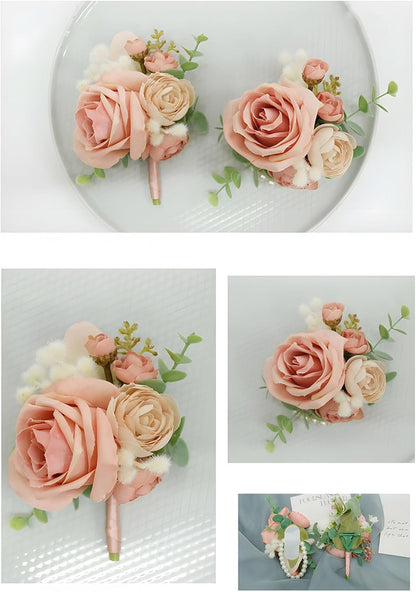 Wedding Bride Wrist Corsage Groom Boutonniere Peach Pink Rose Blossom Floral Set Bestman Groomsmen Bridesmaid Bridal Hand Flower Parent Corsage for Indoor Outdoor Wedding Prom Quinceanera