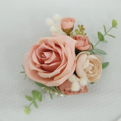 Wedding Bride Wrist Corsage Groom Boutonniere Peach Pink Rose Blossom Floral Set Bestman Groomsmen Bridesmaid Bridal Hand Flower Parent Corsage for Indoor Outdoor Wedding Prom Quinceanera