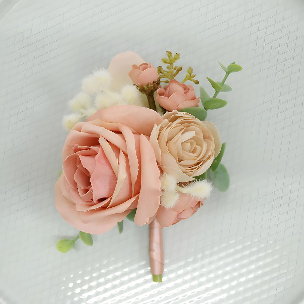 Wedding Bride Wrist Corsage Groom Boutonniere Peach Pink Rose Blossom Floral Set Bestman Groomsmen Bridesmaid Bridal Hand Flower Parent Corsage for Indoor Outdoor Wedding Prom Quinceanera
