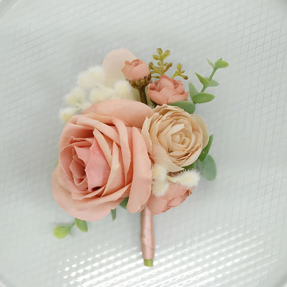 Wedding Bride Wrist Corsage Groom Boutonniere Peach Pink Rose Blossom Floral Set Bestman Groomsmen Bridesmaid Bridal Hand Flower Parent Corsage for Indoor Outdoor Wedding Prom Quinceanera