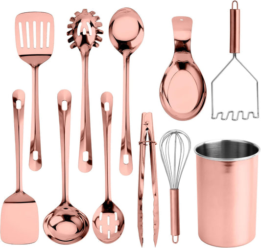 Kitchen Utensil Set - premium Nonstick & Heat Resistant Kitchen Gadgets, Turner, Spaghetti Server, Serving Spoons, Whisk, Tongs, Masher & Utensil Holder, 10-piece Rose Gold