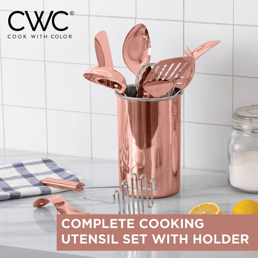 Kitchen Utensil Set - premium Nonstick & Heat Resistant Kitchen Gadgets, Turner, Spaghetti Server, Serving Spoons, Whisk, Tongs, Masher & Utensil Holder, 10-piece Rose Gold