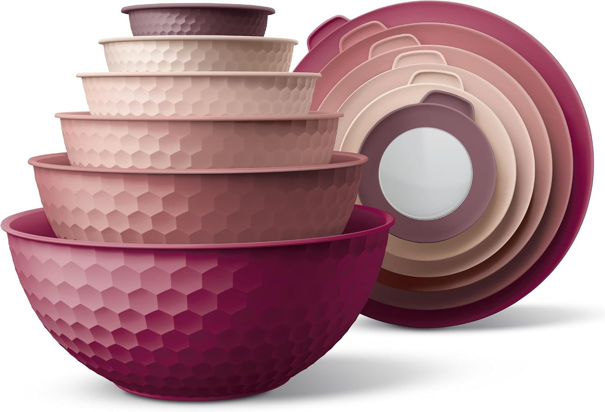 Mixing Bowls with Lids - 12 Piece Plastic Nesting Bowls Set includes 6 Prep Bowls and 6 Lids, Microwave Safe Mixing Bowl Set, Rose Embossed