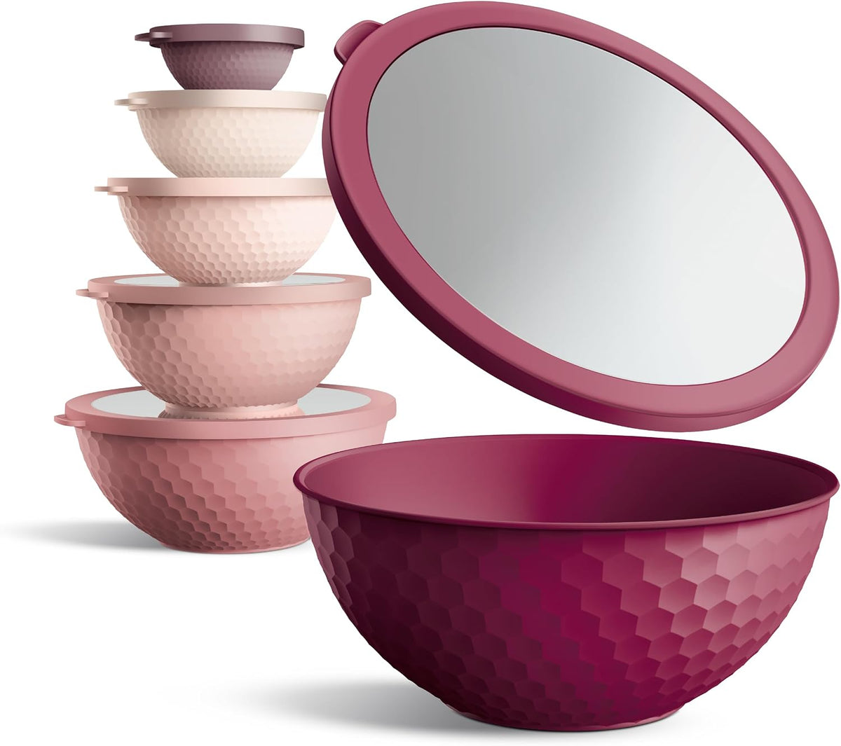 Mixing Bowls with Lids - 12 Piece Plastic Nesting Bowls Set includes 6 Prep Bowls and 6 Lids, Microwave Safe Mixing Bowl Set, Rose Embossed