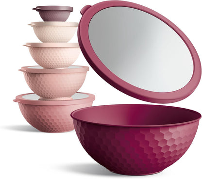 Mixing Bowls with Lids - 12 Piece Plastic Nesting Bowls Set includes 6 Prep Bowls and 6 Lids, Microwave Safe Mixing Bowl Set, Rose Embossed