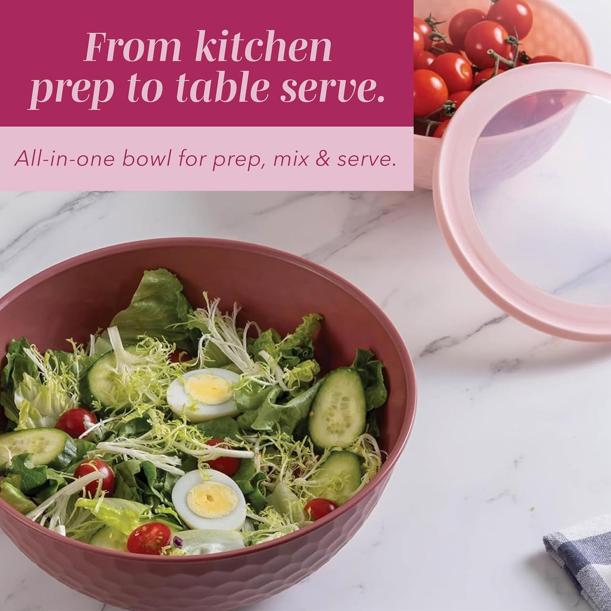 Mixing Bowls with Lids - 12 Piece Plastic Nesting Bowls Set includes 6 Prep Bowls and 6 Lids, Microwave Safe Mixing Bowl Set, Rose Embossed