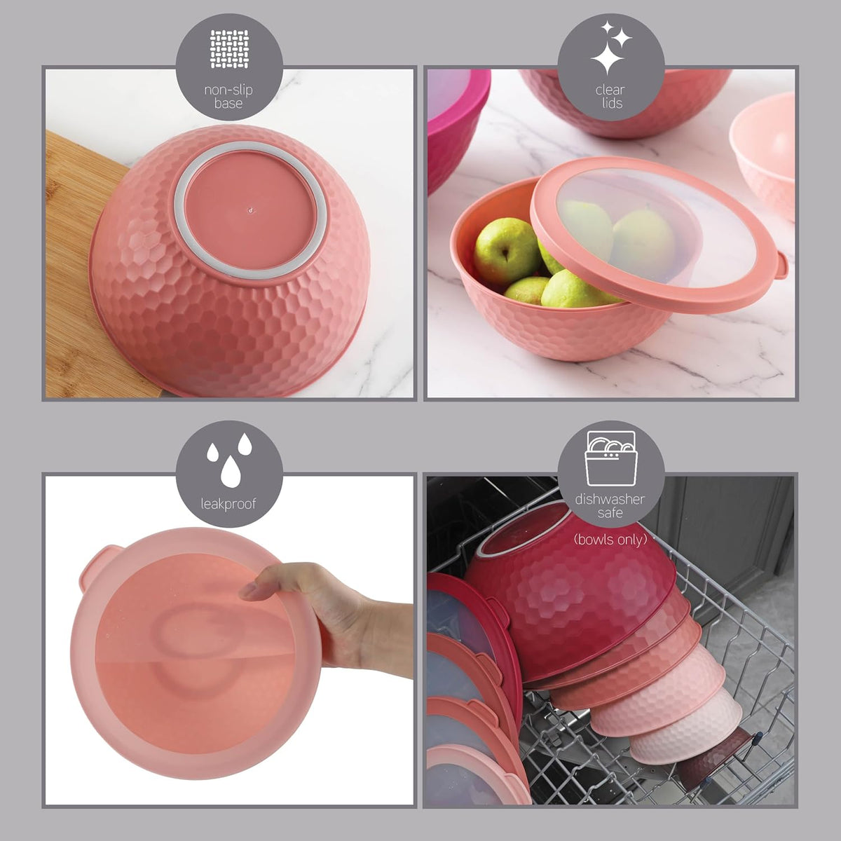 Mixing Bowls with Lids - 12 Piece Plastic Nesting Bowls Set includes 6 Prep Bowls and 6 Lids, Microwave Safe Mixing Bowl Set, Rose Embossed