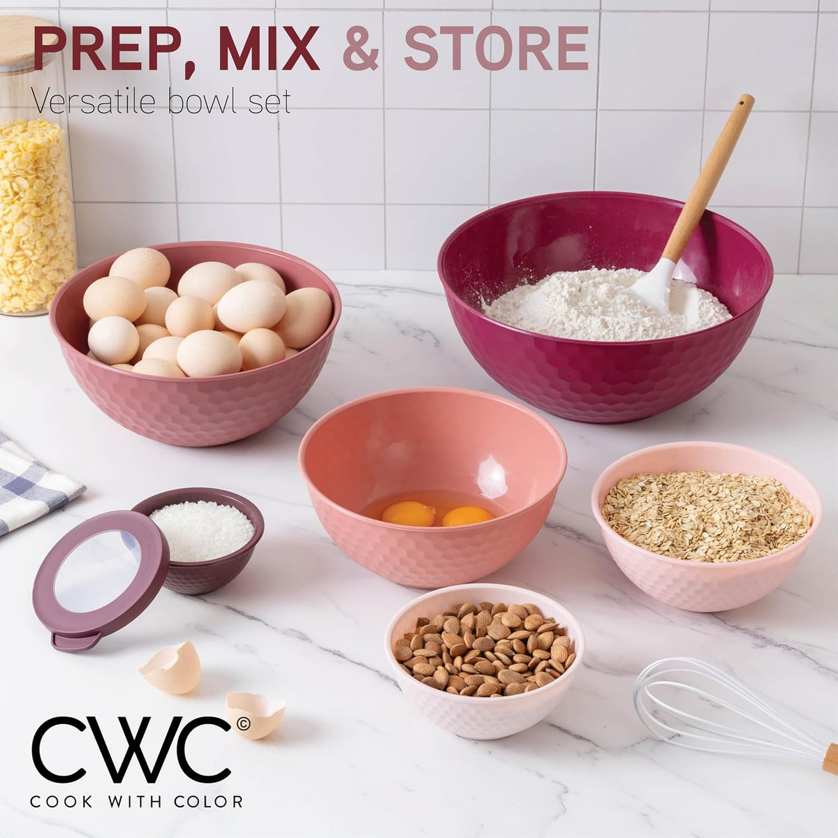 Mixing Bowls with Lids - 12 Piece Plastic Nesting Bowls Set includes 6 Prep Bowls and 6 Lids, Microwave Safe Mixing Bowl Set, Rose Embossed