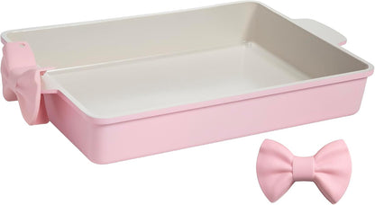 Paris Hilton Deluxe Roasting Pan Set, Heavy Duty Nonstick Bakeware with Silicone Handle Grips, 13"x9", Pink