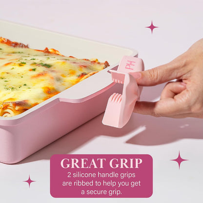 Paris Hilton Deluxe Roasting Pan Set, Heavy Duty Nonstick Bakeware with Silicone Handle Grips, 13"x9", Pink