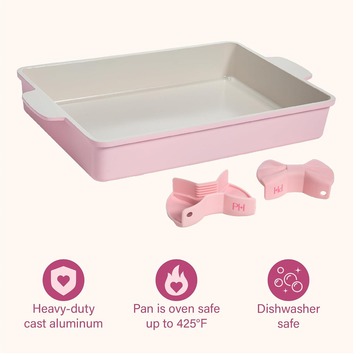 Paris Hilton Deluxe Roasting Pan Set, Heavy Duty Nonstick Bakeware with Silicone Handle Grips, 13"x9", Pink