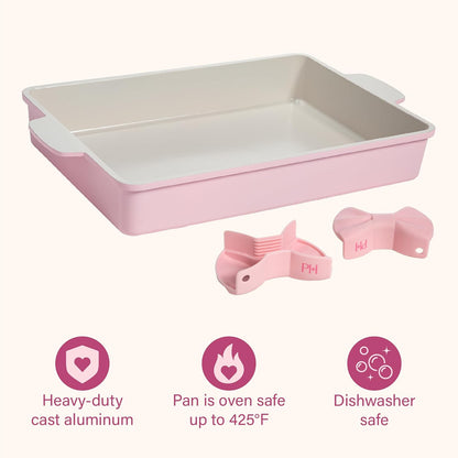 Paris Hilton Deluxe Roasting Pan Set, Heavy Duty Nonstick Bakeware with Silicone Handle Grips, 13"x9", Pink
