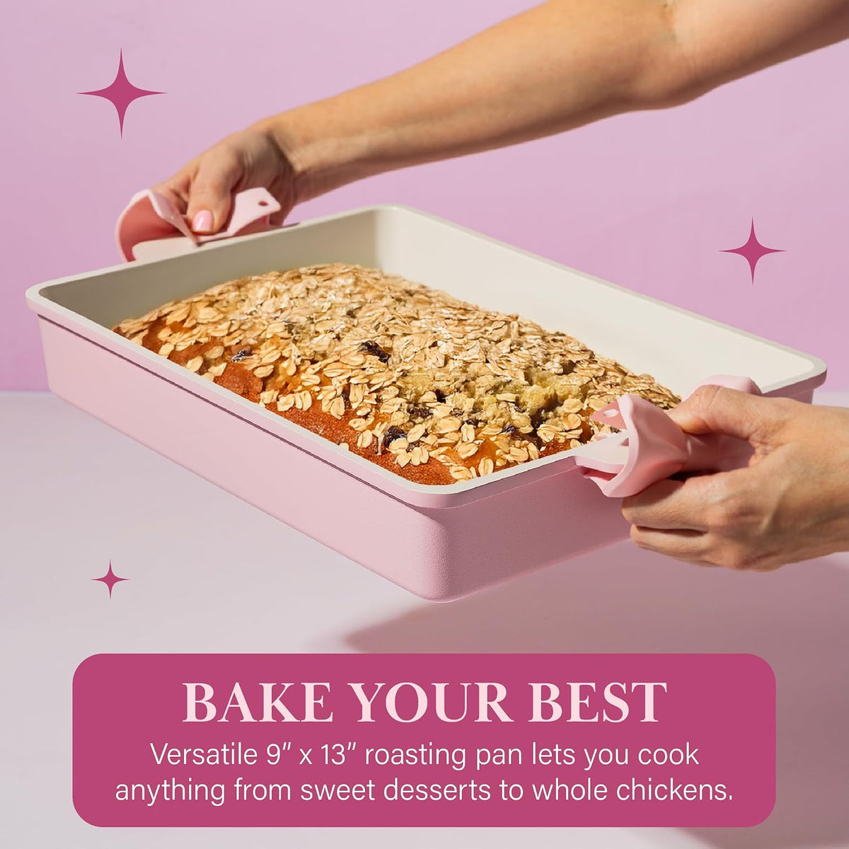 Paris Hilton Deluxe Roasting Pan Set, Heavy Duty Nonstick Bakeware with Silicone Handle Grips, 13"x9", Pink
