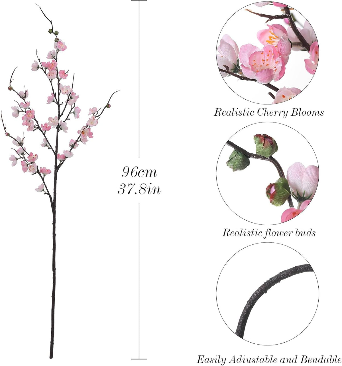 Artificial Pink Cherry Blossom Branches 3Pcs 37.8" Faux Silk Cherry Blossom, Fake Flowers with Leaves Bouquet Decorations for Home Living Room Bedroom Table Centerpiece Vase Wedding Decor