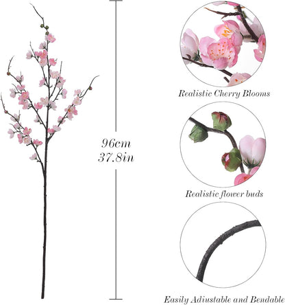 Artificial Pink Cherry Blossom Branches 3Pcs 37.8" Faux Silk Cherry Blossom, Fake Flowers with Leaves Bouquet Decorations for Home Living Room Bedroom Table Centerpiece Vase Wedding Decor