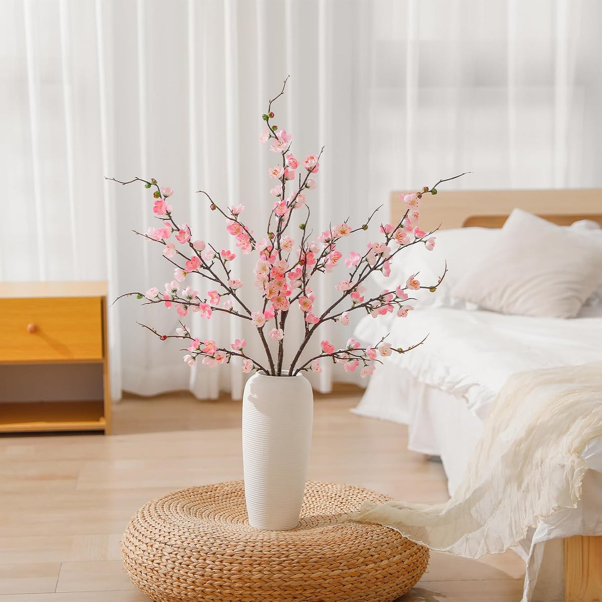 Artificial Pink Cherry Blossom Branches 3Pcs 37.8" Faux Silk Cherry Blossom, Fake Flowers with Leaves Bouquet Decorations for Home Living Room Bedroom Table Centerpiece Vase Wedding Decor