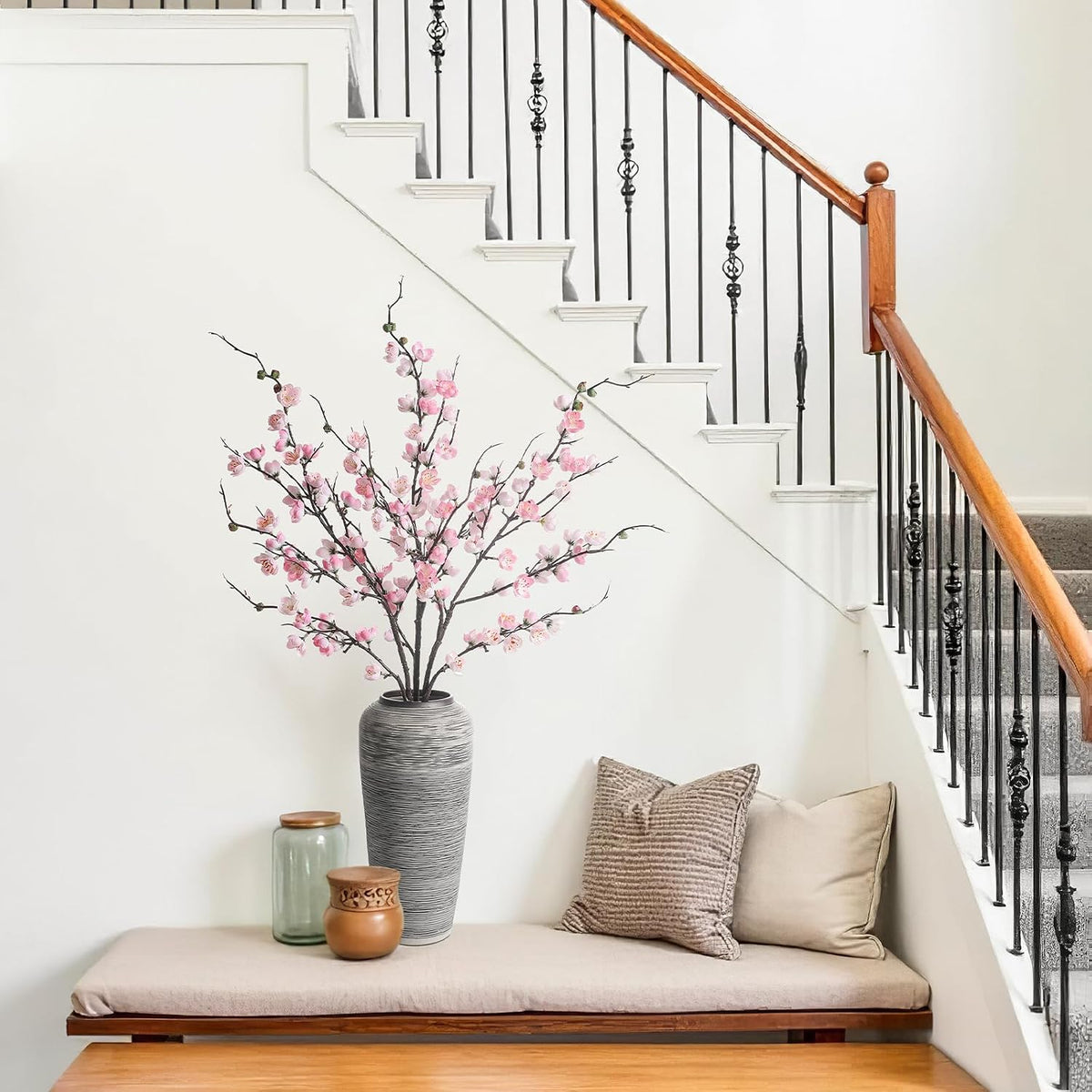 Artificial Pink Cherry Blossom Branches 3Pcs 37.8" Faux Silk Cherry Blossom, Fake Flowers with Leaves Bouquet Decorations for Home Living Room Bedroom Table Centerpiece Vase Wedding Decor