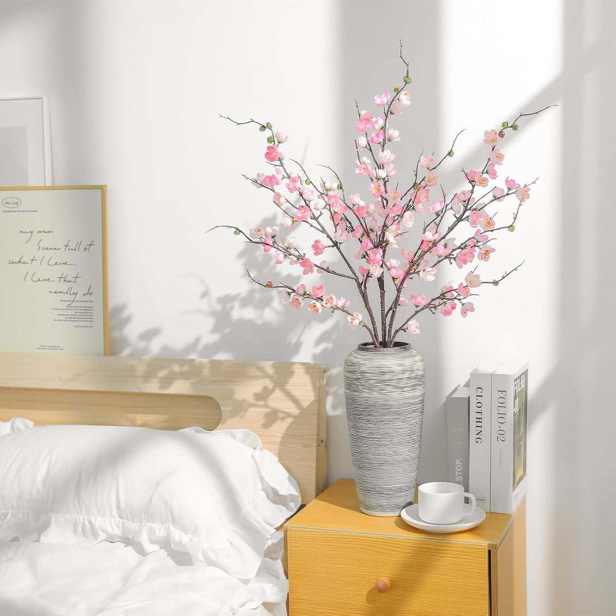 Artificial Pink Cherry Blossom Branches 3Pcs 37.8" Faux Silk Cherry Blossom, Fake Flowers with Leaves Bouquet Decorations for Home Living Room Bedroom Table Centerpiece Vase Wedding Decor