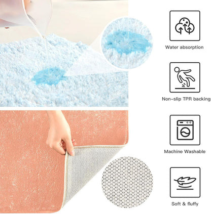 Peach Color Plush Bath Rug Set, Soft Absorbent Fluffy Bathroom Mats with Non Slip TPR Backing, U Shaped Toilet Rug and Rectangle Bath Mat