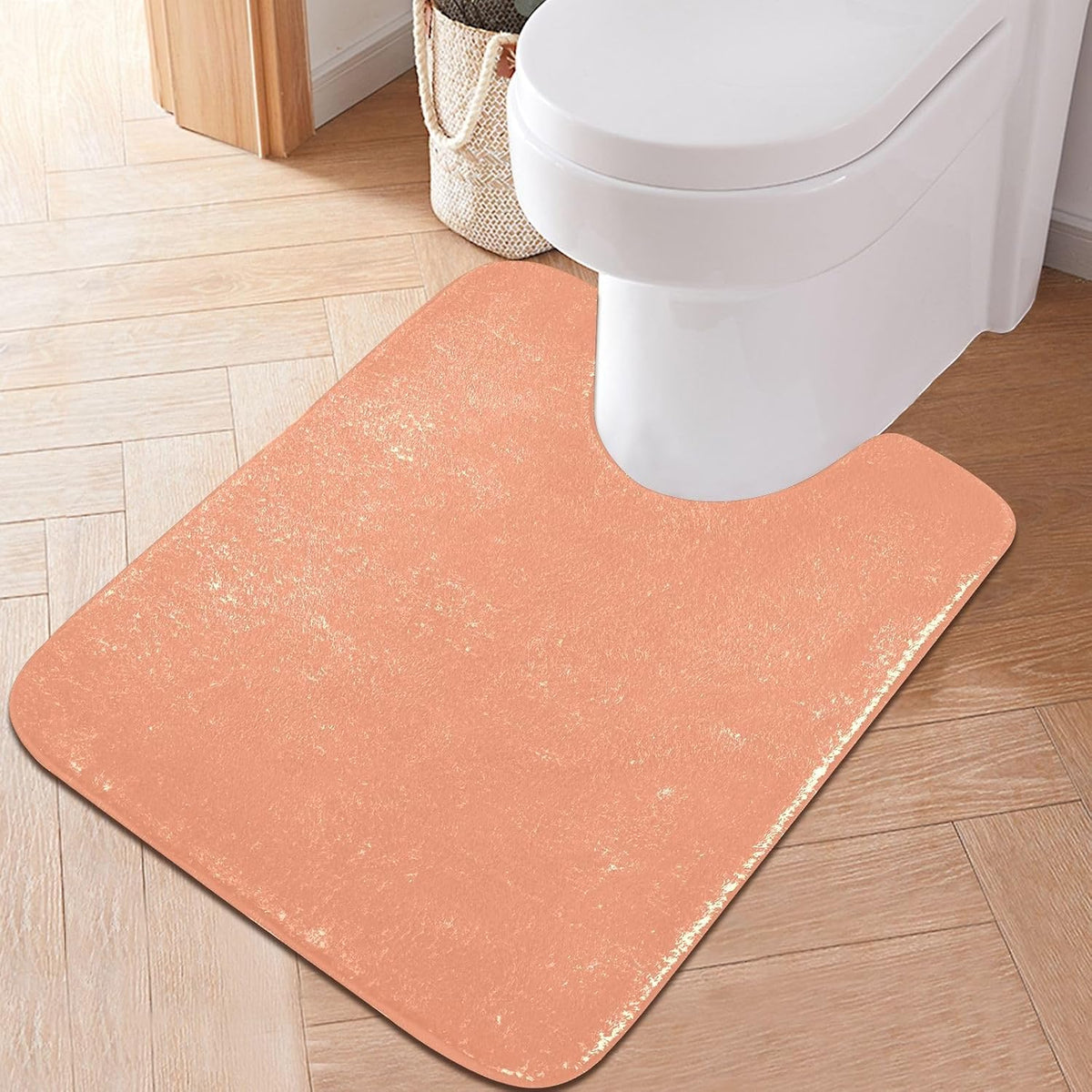 Peach Color Plush Bath Rug Set, Soft Absorbent Fluffy Bathroom Mats with Non Slip TPR Backing, U Shaped Toilet Rug and Rectangle Bath Mat