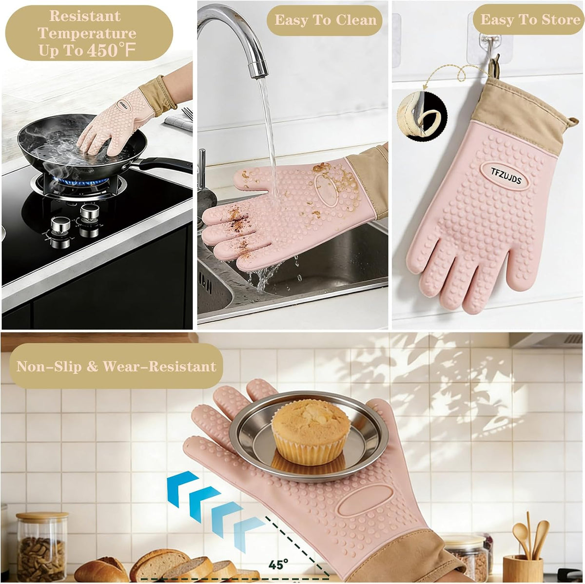 Silicone Oven Gloves with Fingers Heat Resistant 450°F in Kitchen