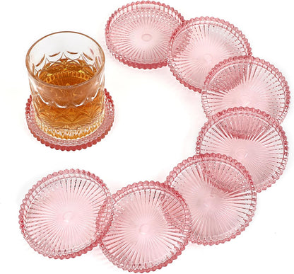 Modern Clear Glass Coaster Set of 8- Coffee Table Coasters, Clear Pink