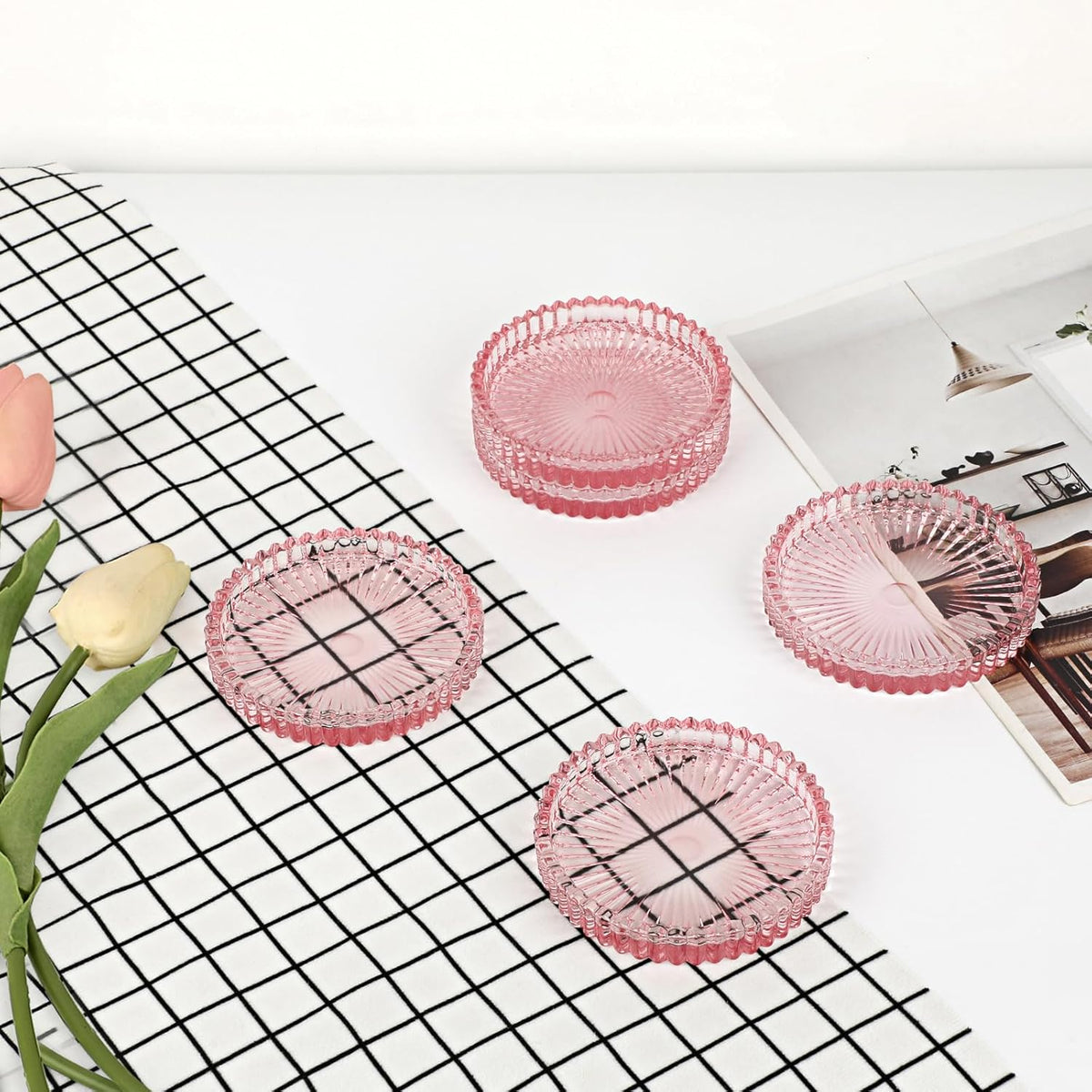Modern Clear Glass Coaster Set of 8- Coffee Table Coasters, Clear Pink