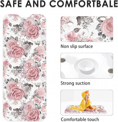 Bath Mat for Tub, Pink Flower Leaves, 40 X 16 Inch, for Bathtub