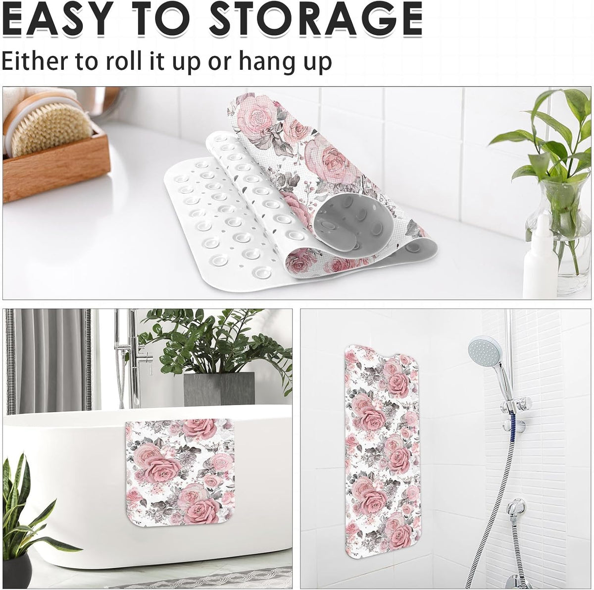 Bath Mat for Tub, Pink Flower Leaves, 40 X 16 Inch, for Bathtub