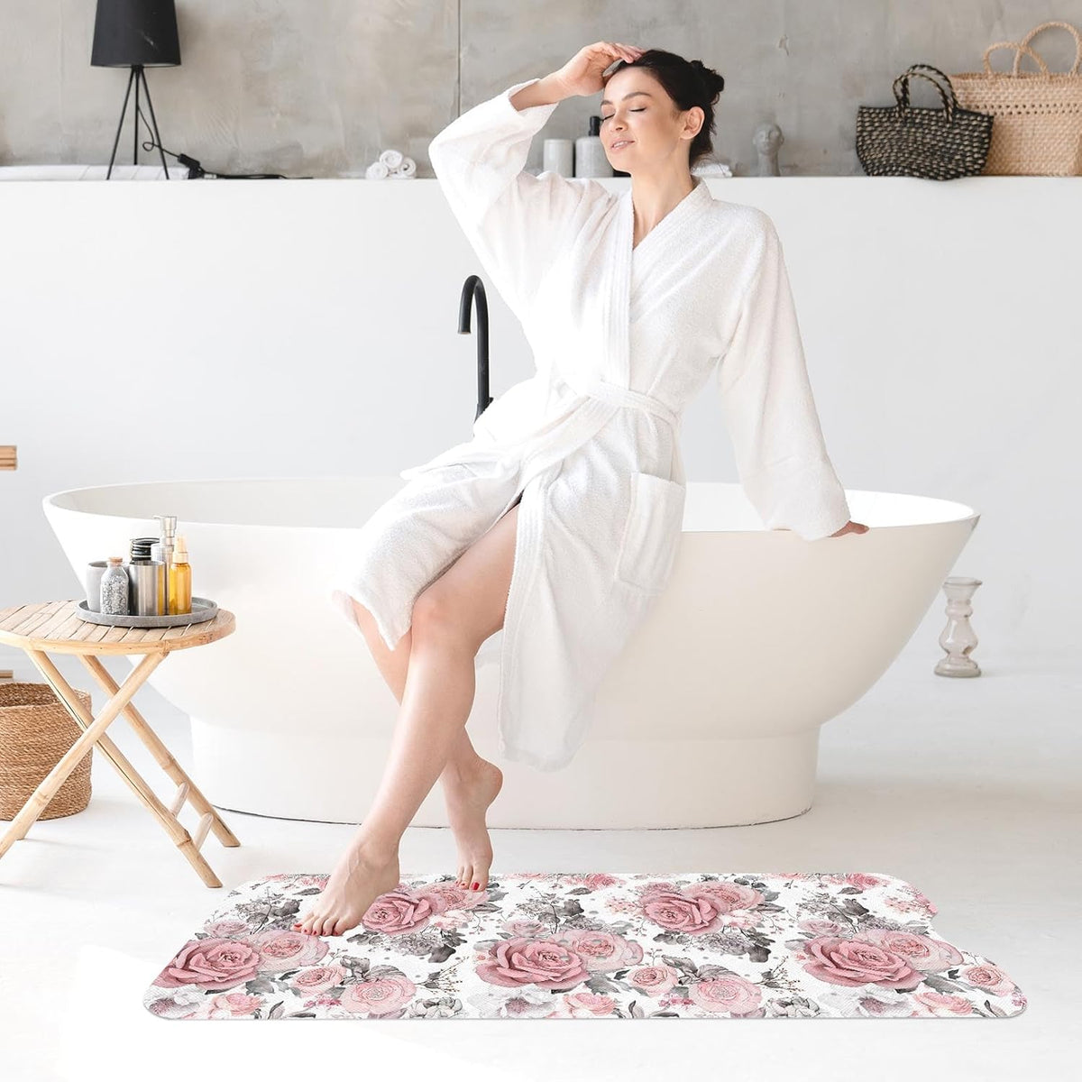 Bath Mat for Tub, Pink Flower Leaves, 40 X 16 Inch, for Bathtub