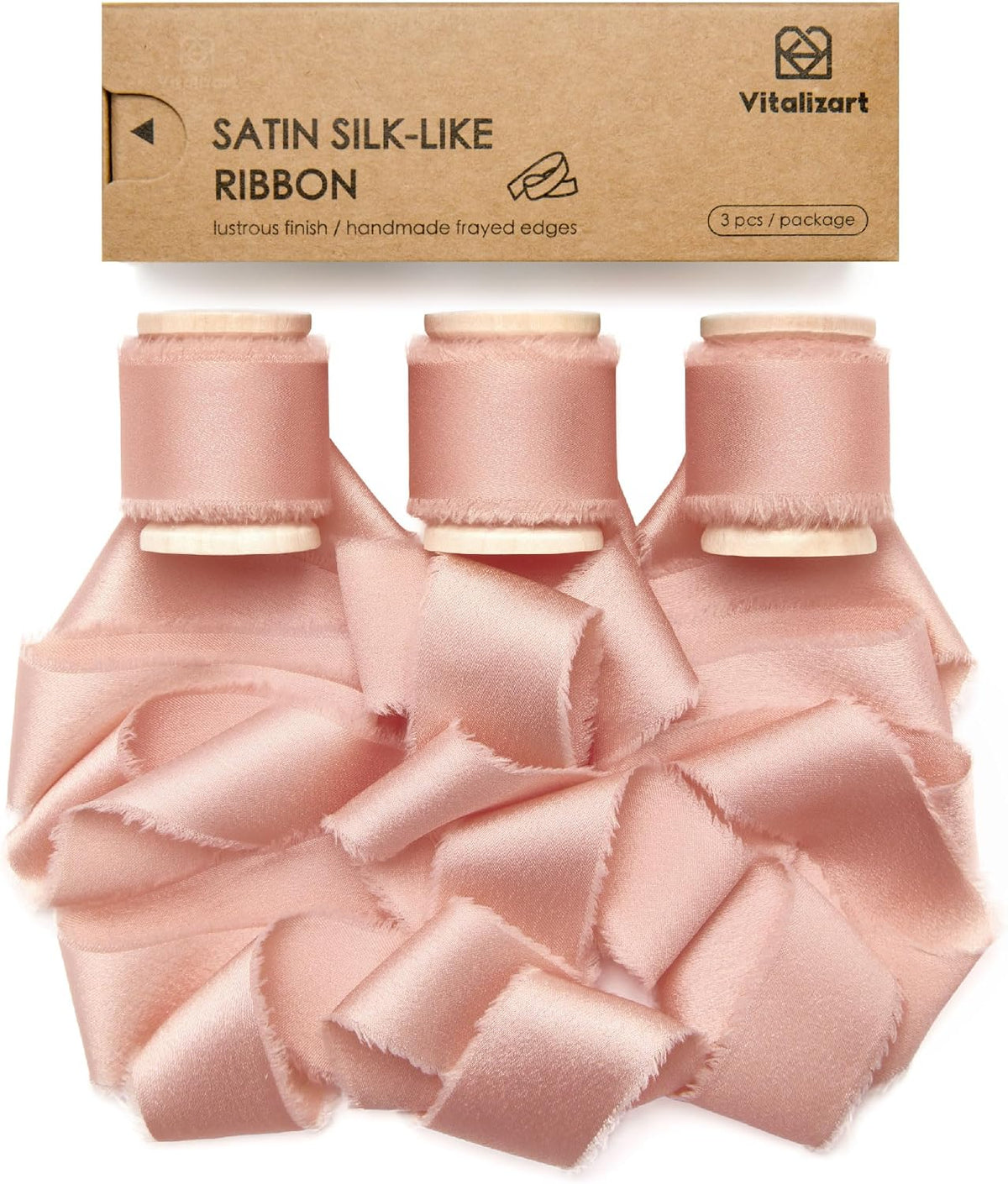 Pink Silk Satin Ribbon 1" x 15 Yds Wooden Spool Handmade Frayed