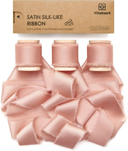 Pink Silk Satin Ribbon 1" x 15 Yds Wooden Spool Handmade Frayed