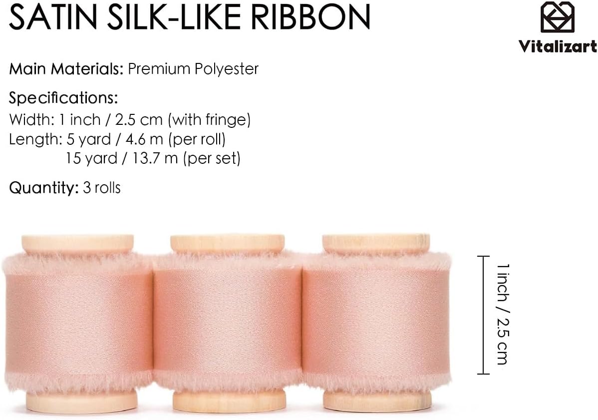 Pink Silk Satin Ribbon 1" x 15 Yds Wooden Spool Handmade Frayed