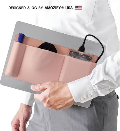 ® 3-Pocket Organizer, Mouse Holder for Laptop Stick On, Adhesive Pouch & External Hard Drive Sleeve, SSD Storage Case for MacBook, Reusable (Pink)