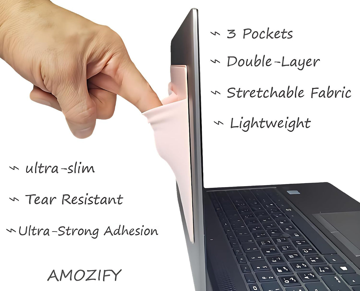 ® 3-Pocket Organizer, Mouse Holder for Laptop Stick On, Adhesive Pouch & External Hard Drive Sleeve, SSD Storage Case for MacBook, Reusable (Pink)