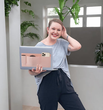 ® 3-Pocket Organizer, Mouse Holder for Laptop Stick On, Adhesive Pouch & External Hard Drive Sleeve, SSD Storage Case for MacBook, Reusable (Pink)