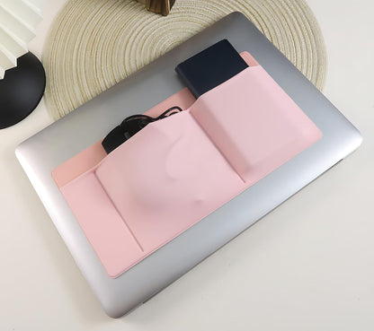 ® 3-Pocket Organizer, Mouse Holder for Laptop Stick On, Adhesive Pouch & External Hard Drive Sleeve, SSD Storage Case for MacBook, Reusable (Pink)