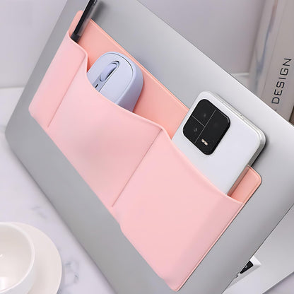 ® 3-Pocket Organizer, Mouse Holder for Laptop Stick On, Adhesive Pouch & External Hard Drive Sleeve, SSD Storage Case for MacBook, Reusable (Pink)