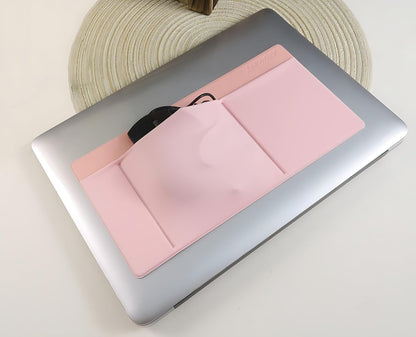 ® 3-Pocket Organizer, Mouse Holder for Laptop Stick On, Adhesive Pouch & External Hard Drive Sleeve, SSD Storage Case for MacBook, Reusable (Pink)