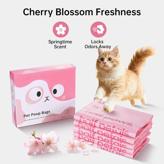 125 Count Cat Poop Bags Cherry Blossom Scented with Handles, Disposable Litter Bags for Pet Poop, Extra-Thick Dog Kitty Waste Bags Easy Tie Leak-Proof Strengthen, Pink