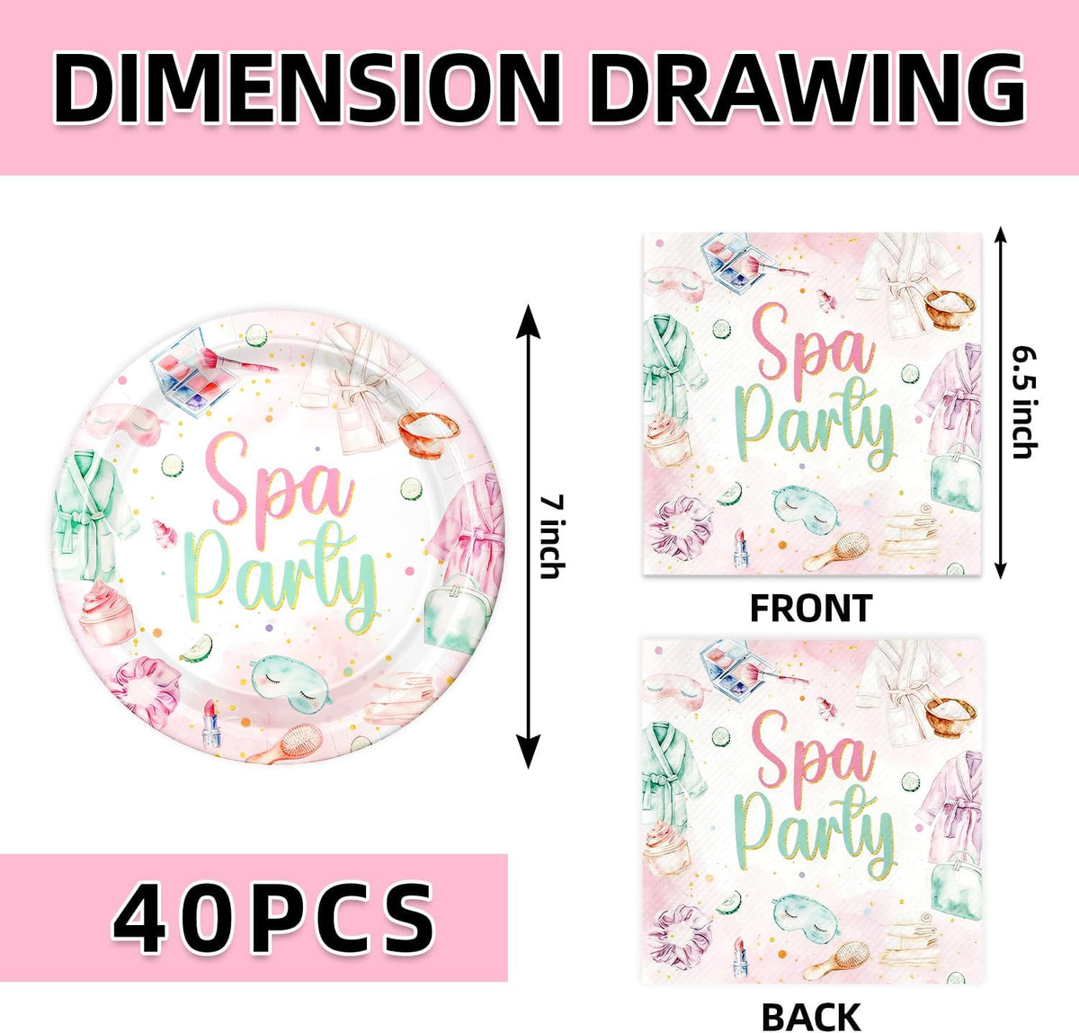 40pcs Spa Party Decorations Spa Plates and Napkins Pink Sleepover Slumber Spa Party Supplies for Little Girl Spa Sleep Over Pajama Party Supplies,Suitable for 20 Guests