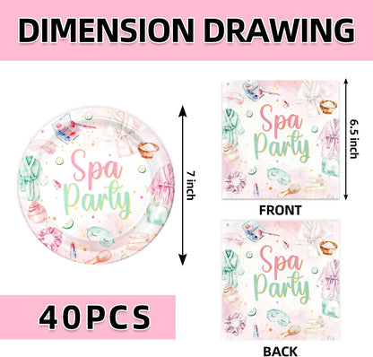 40pcs Spa Party Decorations Spa Plates and Napkins Pink Sleepover Slumber Spa Party Supplies for Little Girl Spa Sleep Over Pajama Party Supplies,Suitable for 20 Guests