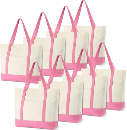 8 Pcs Pink Large Canvas Tote Bags Bulk, 21" X 15" X 6"