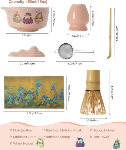 Matcha Whisk Tea Set Kit Japanese Matcha Kit - Matcha Bowl, Matcha Whisk and Holder, Bamboo Scoop, Scoop Rest, Sifter and Tea Towel - for Tea Ceremony Breakfast Lattes - Home Kitchen Christmas(Pink)