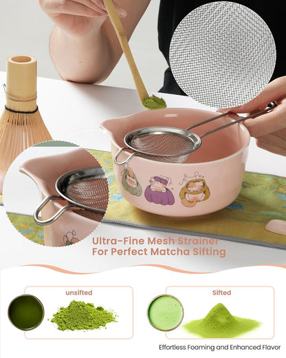 Matcha Whisk Tea Set Kit Japanese Matcha Kit - Matcha Bowl, Matcha Whisk and Holder, Bamboo Scoop, Scoop Rest, Sifter and Tea Towel - for Tea Ceremony Breakfast Lattes - Home Kitchen Christmas(Pink)