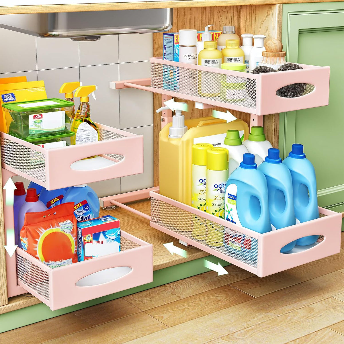 Under Sink Organizer, 2 Tier Pull out Cabinet Organizer Baskets with Mesh Sliding Drawers, Slide out Storage Shelf for Home, Kitchen, Bathroom, Pantry, Office Cabinet(1 Pack, Pink)